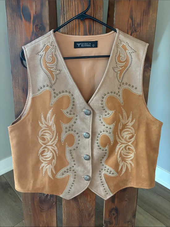 Lucky & Blessed Jackets & Blazers - Lucky & Blessed Embellished Boot Stitch Suede Western Vest